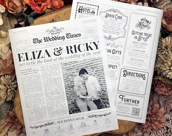 May include: Two wedding newspaper-style announcements with floral accents. The main headline reads "The Wedding Times" with the names "Eliza & Ricky" and the date. The second announcement includes directions and gift information.
