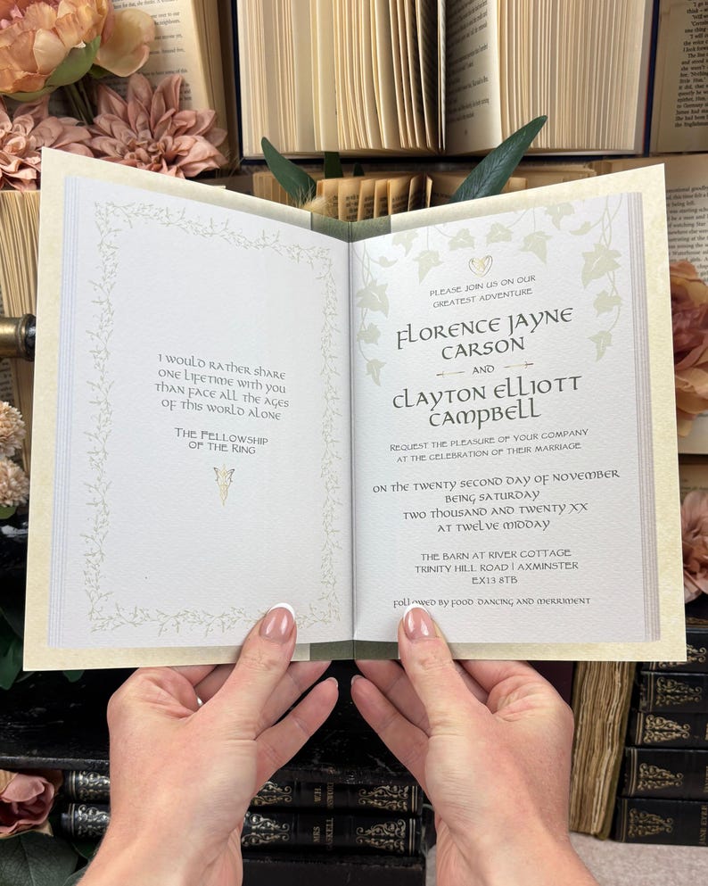 SAMPLE Elven Bookish Wedding Invitation Set | Middle-Earth | Fantasy Book Inspired Invite Suite | Luxury Literary Wedding Stationery 画像 5