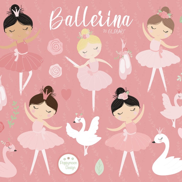 Ballerinas and swans, ballet shoes and roses, commercial and personal use, digital clip art set