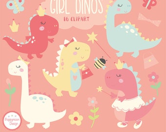 May include: A set of 16 digital clipart images featuring cute cartoon girl dinosaurs in various poses. The dinosaurs are wearing crowns, dresses, and carrying accessories like purses and wands. The background is a light pink color with flowers and butterflies.