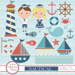 Nautische, junge und Mädchen Matrosen, rot und blau, digitale Clipart
