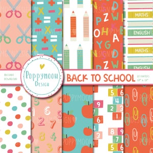 May include: Set of 10 digital papers featuring back to school themes. The papers include patterns of scissors, pencils, apples, numbers, letters, and paper clips. The papers are in a variety of colors, including red, blue, green, yellow, and pink. The papers are 12 inches by 12 inches.