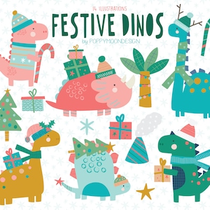 Dinos festivos, dinosaurios, navidad, conjunto de imágenes prediseñadas digitales imprimibles