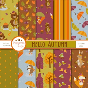 Hello Autumn, woodland animals, harvest, printable digital paper pack