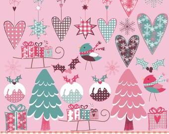 Pink christmas, hanging hearts and snowflakes, printable digital clipart set
