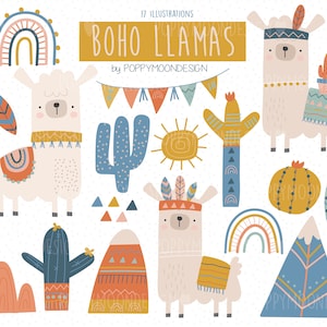 Boho Lamas, Boho, set clip art digitale