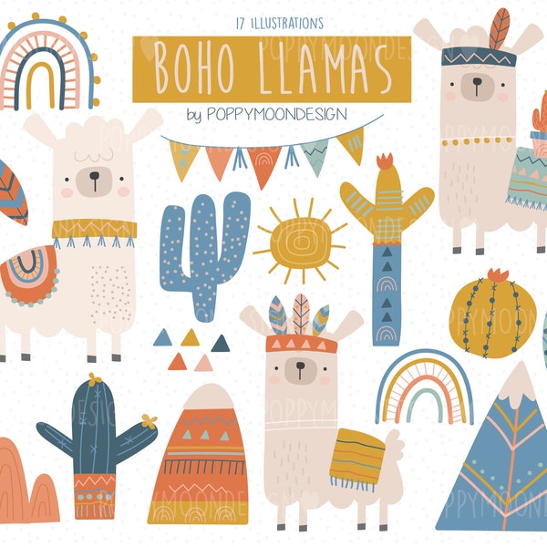 Boho Llamas, Bohemian, digital clip art set