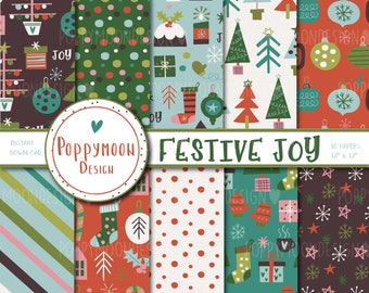 Festive Joy paper set, christmas, printable digital paper pack