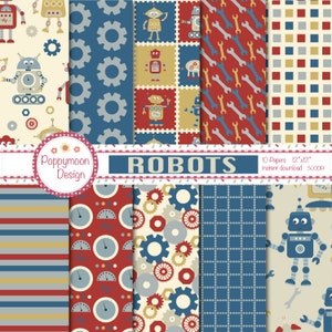 May include: A set of 10 digital papers featuring robot and gear designs in blue, red, yellow, and gray. The papers are 12 inches by 12 inches and are perfect for scrapbooking, card making, and other craft projects. The text "ROBOTS" and "Poppymoon Design" is included in the image.