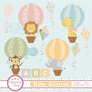 Baby animals in air balloons, pastel colours, clipart set