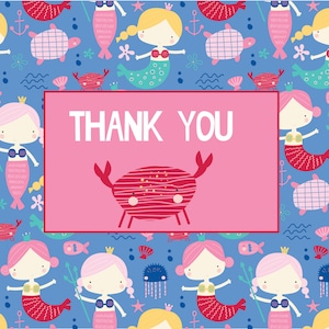 May include: Pink thank you card with a mermaid and crab design. The card has a blue background with a repeating pattern of mermaids, seashells, and fish. The text "THANK YOU" is printed in white on the card.