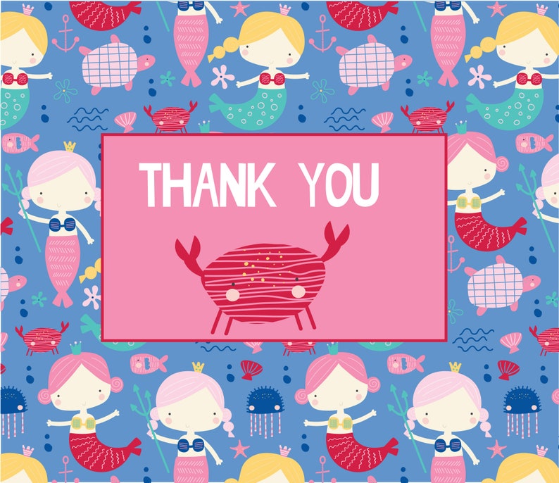 May include: Pink thank you card with a mermaid and crab design. The card has a blue background with a repeating pattern of mermaids, seashells, and fish. The text "THANK YOU" is printed in white on the card.