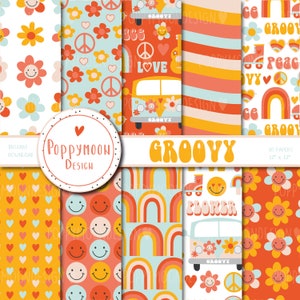 Groovy, Retro, Flower Power Muster, druckbares digitales Papierpaket