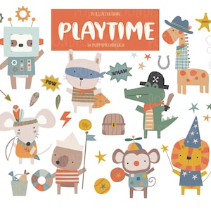 Puede incluir: Una colección de 26 ilustraciones caprichosas con la palabra "PLAYTIME" en naranja. Las ilustraciones incluyen un robot, un conejo superhéroe, un ratón, un koala, un cocodrilo pirata, una jirafa vaquera, un mono y un león mago.
