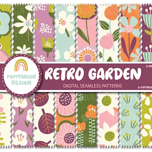 May include: A selection of digital seamless patterns with a retro garden theme. The patterns showcase colourful floral designs in shades of pink, orange, green, and blue. The image includes the text "Retro Garden" and "Digital Seamless Patterns".