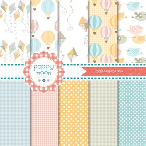 Hot air balloon and kite pastel pink yellow, blue and green, Digital Paper Pack