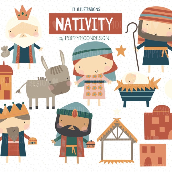 Nativity, festive illustrations, printable digital clipart set