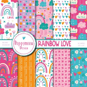 May include: A set of 10 digital papers featuring rainbow, heart, and flower patterns in pink, blue, yellow, and green. The papers are 12 inches by 12 inches and are perfect for scrapbooking, card making, and other craft projects. The papers are designed by Poppymoon Design.