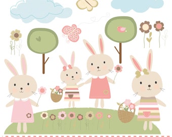 Woodland rabbits pastel pink and cream, digital clip art set