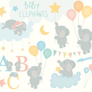 Bebês elefantes, em nuvens, balões, pastel, conjunto de clipart digital