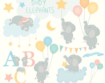 Baby Elephants, on clouds, balloons, pastel, digital clip art set