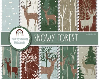 Charming Snowy Forest with Deer Printable digital Paper Set
