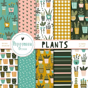 Padrões de plantas, plantas de casa, botânicas, pacote de papel digital, papel para scrapbook