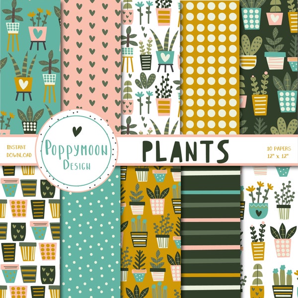 Plants patterns, house plants, botanical, digital paper pack, scrapbook paper