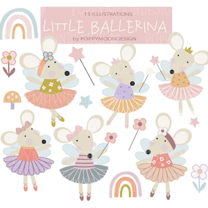 Petites souris ballet : ensemble de cliparts numériques avec des fleurs et des arcs-en-ciel.