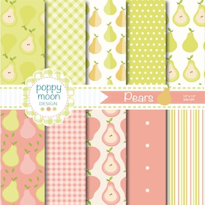 Pears digital paper pack, gingham,stripe and polka dot, lime green and pale pinks backgrounds