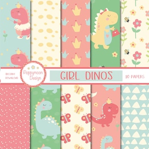 Girl dinosaur patterns, printable digital paper pack