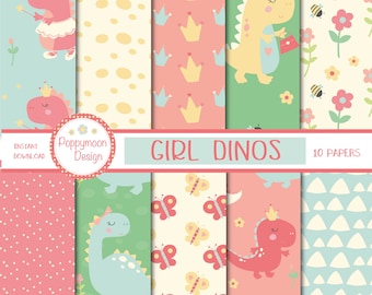 Girl dinosaur patterns, printable digital paper pack