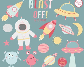 Blast off!,space,rockets, astronauts, planets,girls , printable digital clipart