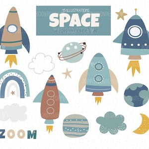 Spazio, razzi, pianeti, set di clipart digitali stampabili