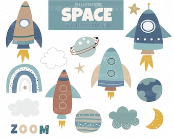Space, Rockets, planets , printable digital clipart set