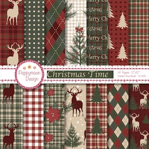Christmas time, traditional , woodland,  printable digital paper pack