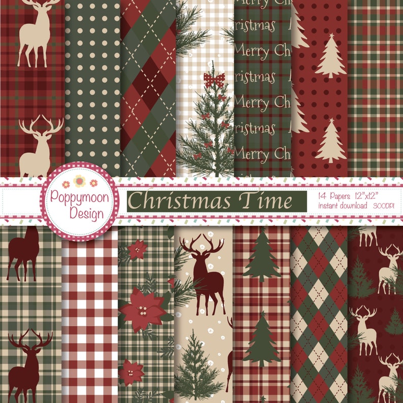 Christmas time, traditional , woodland,  printable digital paper pack 