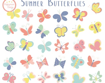 May include: A collection of colorful, whimsical butterfly illustrations in various shapes and patterns. The butterflies are in shades of yellow, pink, blue, and green, with details like polka dots and hearts. The text "Summer Butterflies" is at the top.
