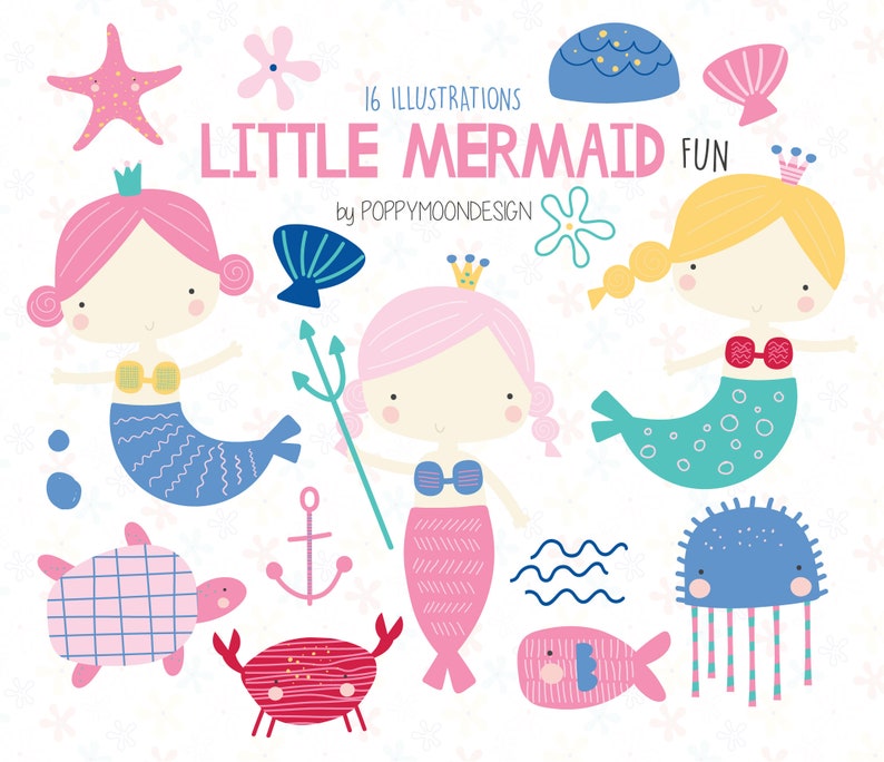 May include: A set of 16 illustrations featuring cute mermaids, sea creatures, and ocean-themed elements. The illustrations are in a cartoon style and feature bright colors. The text "Little Mermaid Fun" is included in the image.
