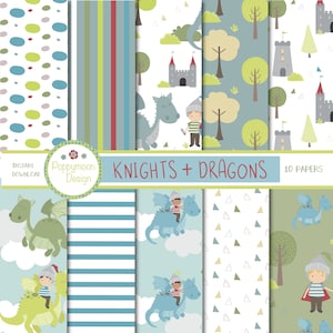 Könnte beinhalten: Ein Set mit 10 digitalen Papieren mit Rittern und Drachen. Die Papiere enthalten Muster mit grünen und blauen Drachen, Rittern, Burgen, Bäumen, Streifen, Punkten und Dreiecken. Die Papiere sind perfekt für Scrapbooking, Kartenherstellung und andere Bastelprojekte.