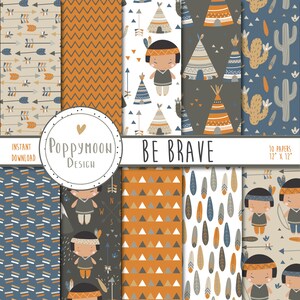 May include: Set of 10 digital papers featuring a Native American theme. The papers include patterns of arrows, feathers, triangles, zigzags, and teepees. The papers are 30.5 cm by 30.5 cm.