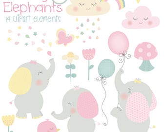May include: A collection of baby-themed clipart elements. The image features gray elephants with pink and yellow accents, along with clouds, rainbows, stars, flowers, a butterfly, a bird, and balloons. Text at the top reads "Baby Elephants" and "14 clipart elements."