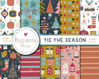 Tis the season paper set, christmas, festive, printable digital paper pack