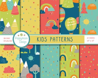 Kids patterns, colourful, fun, digital paper pack, scrapbook paper