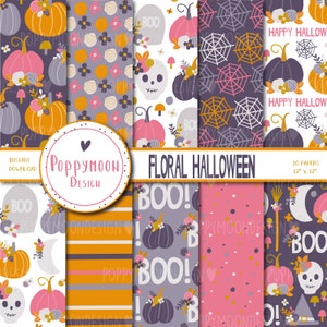 May include: A set of 10 digital papers featuring a floral Halloween theme. The papers include patterns with pumpkins, skulls, spiderwebs, and the words "Boo!" and "Happy Halloween". The papers are in shades of purple, pink, orange, and white.