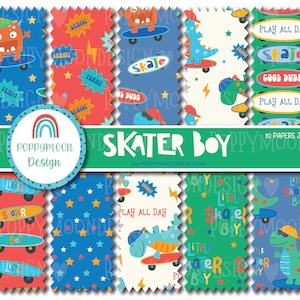Op de afbeelding: Tien digitale papieren met een skaterjongen-thema. De papieren bevatten verschillende ontwerpen in een blauw, rood, groen en wit kleurenschema. De ontwerpen omvatten sterren, bliksemschichten, skateboards en de woorden "Skate", "Cool Dude", "Play All Day" en "Little Skater Boy".
