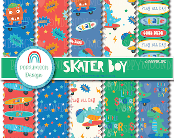 Lustige und verspielte Skateboard-Dinosaurier und Monster, digitales Papierset