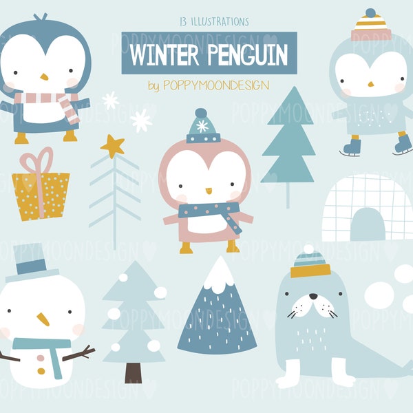 Pingüinos de invierno, Vacaciones, Navidad, imágenes prediseñadas imprimibles digitalmente