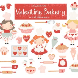 Conjunto de clipart digital Valentine Bakery - Meninas padeiras, utensílios de panificação, tortas, biscoitos de coração