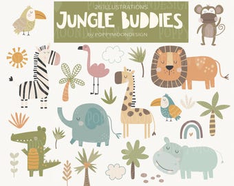 Può includere: Un set di 26 illustrazioni colorate con animali della giungla, tra cui una zebra, un leone, una giraffa, un elefante, un ippopotamo, un coccodrillo, un tucano, una scimmia e un fenicottero. Le illustrazioni sono in stile cartone animato e sono perfette per l'uso in libri per bambini, artigianato o altri progetti creativi.